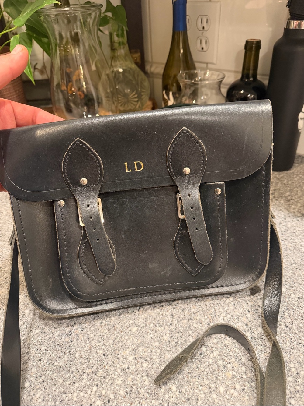 The Cambridge Satchel Company Black Leather Crossbody Bag with Initials